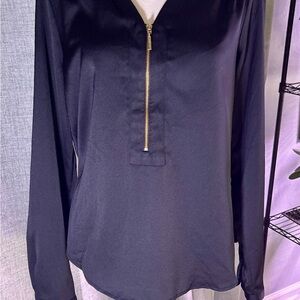 The Limited Dark Navy Zip Front Blouse Gold Zipper Long Sleeve